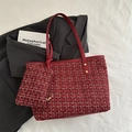 Dark red tweed tote bag set with golden threads and matching small pouch for women - Red
