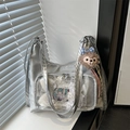 Silver large capacity Ita Bag with transparent window and adjustable shoulder strap - With Pendant / Silver