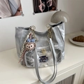 Silver large capacity clear tote bag with lace interior and plush bear charm - No Pendant / Silver