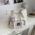 Large capacity white Ita bag tote with clear PVC window and gold chain strap - No Pendant / White