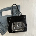 Large black shoulder tote bag with a transparent PVC window and silver side zippers - Black