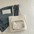 Trendy cream PU leather large tote bag with a clear PVC window for daily styling - White