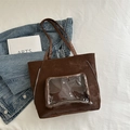 Deep brown tote bag with transparent PVC zipper pocket and silver side zippers - Brown