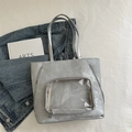 Metallic silver tote bag with transparent front window pocket and textured finish - Silver