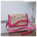 Detail of rose red Chinese style crossbody bag with silk brocade patterns and gold hardware - Rose Red