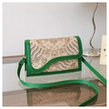 Detail of green leather stitching with Chinese brocade pattern on a vintage crossbody bag - Green