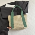Grande borsa tote in paglia con manici in tela verde e design intrecciato vintage naturale - Verde