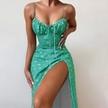 Robe à fleurs vert émeraude à fines bretelles, fente latérale et décolleté plissé - 3XL / Nouveau Vert Floral No.2