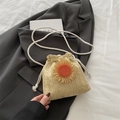 Beige woven straw bucket bag with sunflower detail and white cotton rope strap - Khaki with Orange Sunflower