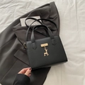 Classic black litchi texture square handbag with gold deer pendant and adjustable strap - Black