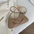 Borsa sottobraccio baguette kaki minimalista con cinturini decorativi e fibbie oro - Cachi