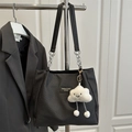 Chic black large capacity tote bag with chain strap and cute plush cloud pendant charm - No Pendant / Black