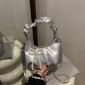 Silver metallic pleated crossbody bag with pearl bow and heart charm details - With Pendant / Silver