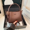 Chic brown litchi pattern leather bucket bag with top handle in luxury gift packaging - No Pendant / Brown