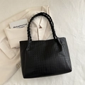 Black tote bag with houndstooth texture and braided handles for commute style - Black