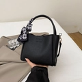 Black litchi pattern bucket bag with fashion print and checkered silk scarf - With Pendant / Black