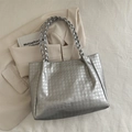 Retro large capacity tote bag in metallic silver finish with embossed star pattern - Silver