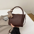 Dark brown lychee grain bucket bag with checked silk scarf and crossbody strap - With Pendant / Brown