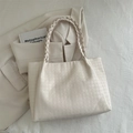 Cream white tote bag with houndstooth embossing and woven handle in a retro style - White
