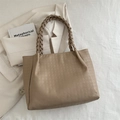 Light coffee leather tote bag featuring houndstooth pattern and braided handles - Khaki