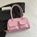 Bolso tote rosa vintage con bolsillos delanteros dobles y asas largas de aro - Rosa