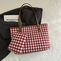 Tragetaschen-Set mit rot-weißem Hahnentrittmuster, braunem Ledergriff und kleiner Tasche - Rotes Hahnentritt-Set / Rot