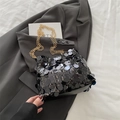 Fashionable black sequin bucket bag with elegant champagne gold chain strap - Black