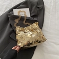 Fashionable gold sequin shoulder bag with round metallic discs and a fine gold chain strap - Gold