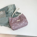 Purple checkered canvas tote bag with cute dog print and white rope handles - Plaid Style