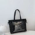 Black large capacity tote bag with transparent PVC pocket and side ribbon details - Black