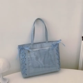 Light blue large capacity Ita-bag tote with transparent window and ribbon details - Blue