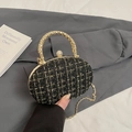 Elegante schwarze und goldene Tweed-Box-Tasche mit Goldgriff und Kristallkugelverschluss - Schwarz