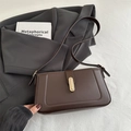 Minimalist dark brown leather crossbody bag with golden metal buckle for women - Brown