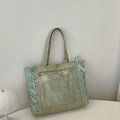 Light green large capacity tote bag with blue ribbon lacing and wrinkled texture - Green