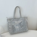 Light gray large capacity tote bag with transparent PVC pocket and ribbon lace-up details - Gray
