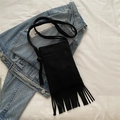Bohemian black fringed crossbody bag in premium suede fabric with long tassels - Black