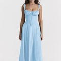 Light blue midi dress with corset bodice and gathered bust detail for resort wear - 3XL / Sky Blue