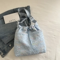 Light blue bubble textured tote bag with colorful wave stitching and wide strap - Blue