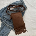Dark brown faux suede crossbody bag with fringe details and bohemian style finish - Brown