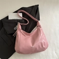 Pink glossy patent leather hobo bag with striped lanyard and silver logo detail - Pink (With Pendant)