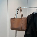 Caramel brown large capacity faux leather tote bag for women with long shoulder straps - Brown