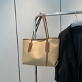 Beige and brown two-tone large tote bag in smooth faux leather for stylish daily commute - Khaki
