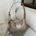 French style beige patent leather shoulder bag with adjustable strap and top zip closure - Khaki