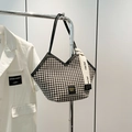 Klassische Shopper-Tasche mit Hahnentritt-Muster, V-Ausschnitt und Stoffband-Detail - Schwarz