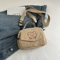 Beige corduroy crossbody bag with cute bear embroidery and adjustable strap - Khaki