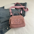 Pink corduroy crossbody bag with purple cartoon bear embroidery and flap pocket - Pink