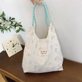Süße japanische Canvas-Tasche mit Hasen-Print und minzgrünen Kordelgriffen - Grüner Hase Stil