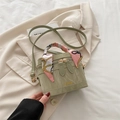 Sage green mini bucket bag with fashion print silk scarf handle and dual zippers - No Pendant / Green