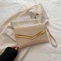 Beige envelope clutch bag with water ripple texture and gold V-shaped metal trim - Khaki