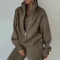 Women's casual light brown half-zip sweatshirt and drawstring joggers tracksuit set - Olive Green